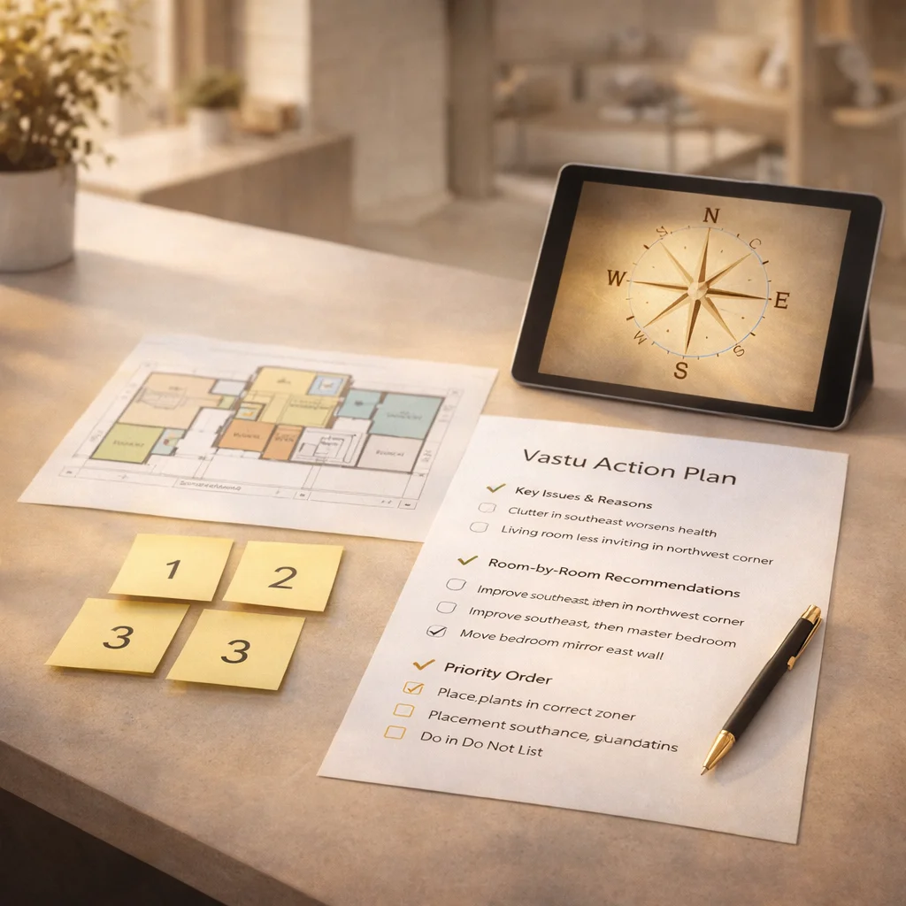 Organized vastu consultation desk showing home floor plan checklist priority notes and compass direction tablet