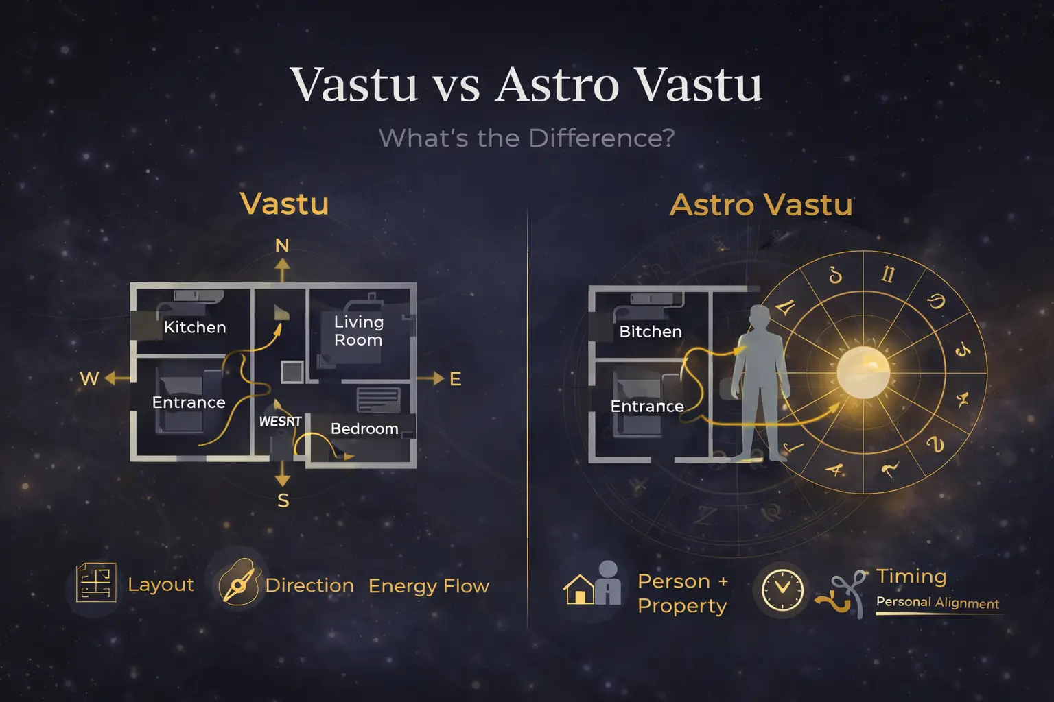 Vastu vs Astro Vastu comparison showing property layout, directions and personal alignment with astrology chart