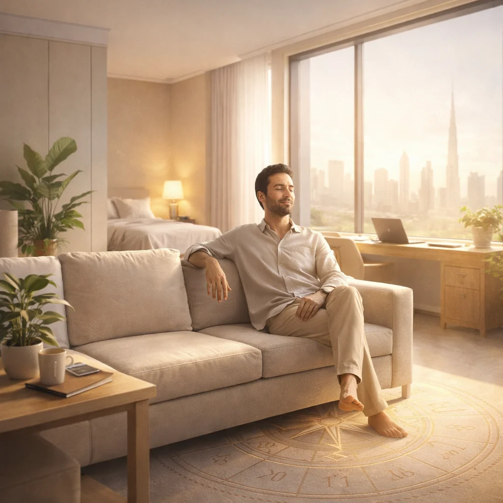 Calm man relaxing in modern Dubai apartment interior with workspace, bedroom and subtle vastu compass energy design