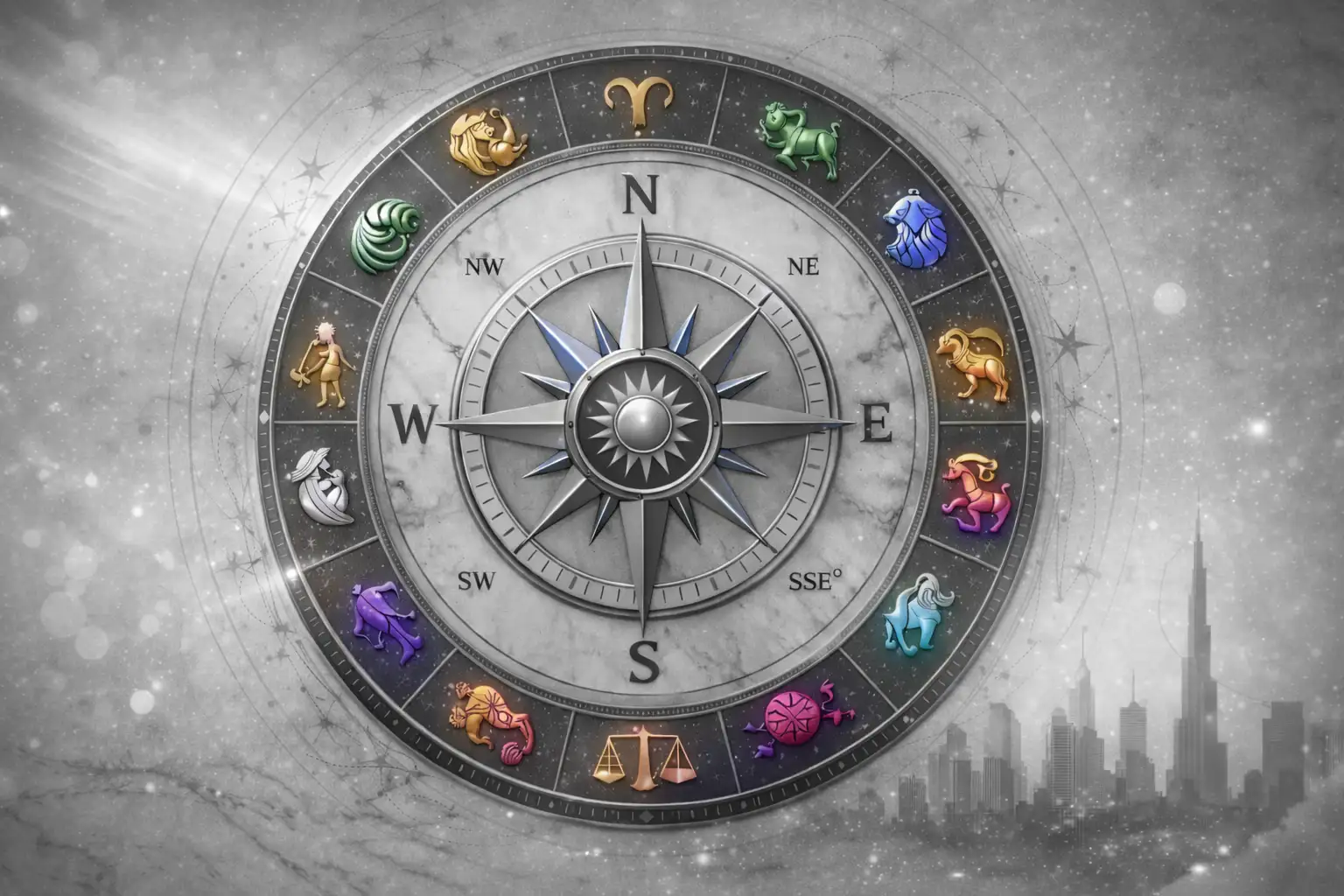 Astrology and vastu direction compass with colorful zodiac symbols representing vastu consultation services in Dubai UAE