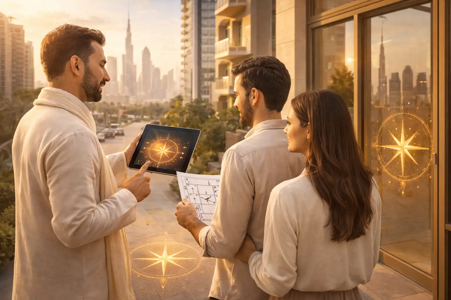 Astrologist and vastu consultant guiding couple while reviewing home floor plan in modern Dubai residential area