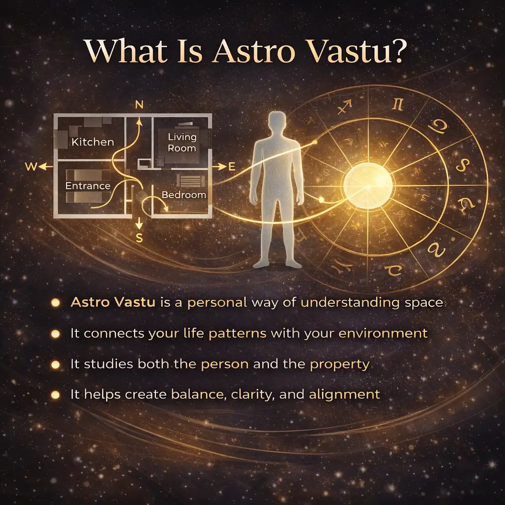 Astro Vastu infographic showing connection between person, house layout and astrology chart for life alignment
