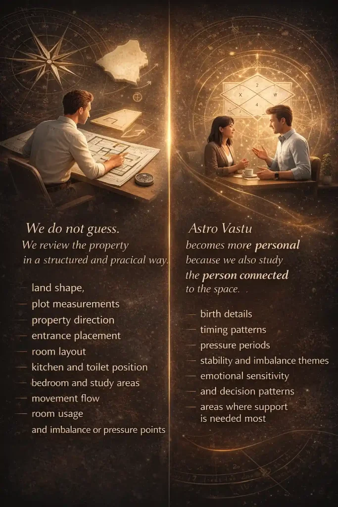 Portrait infographic showing Astro Vastu analysis with consultant reviewing floor plan and discussing personal chart insights with client