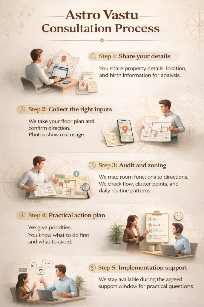 Vertical infographic showing 5-step Astro Vastu consultation process with characters, including sharing details, analysis, zoning, action plan, and support